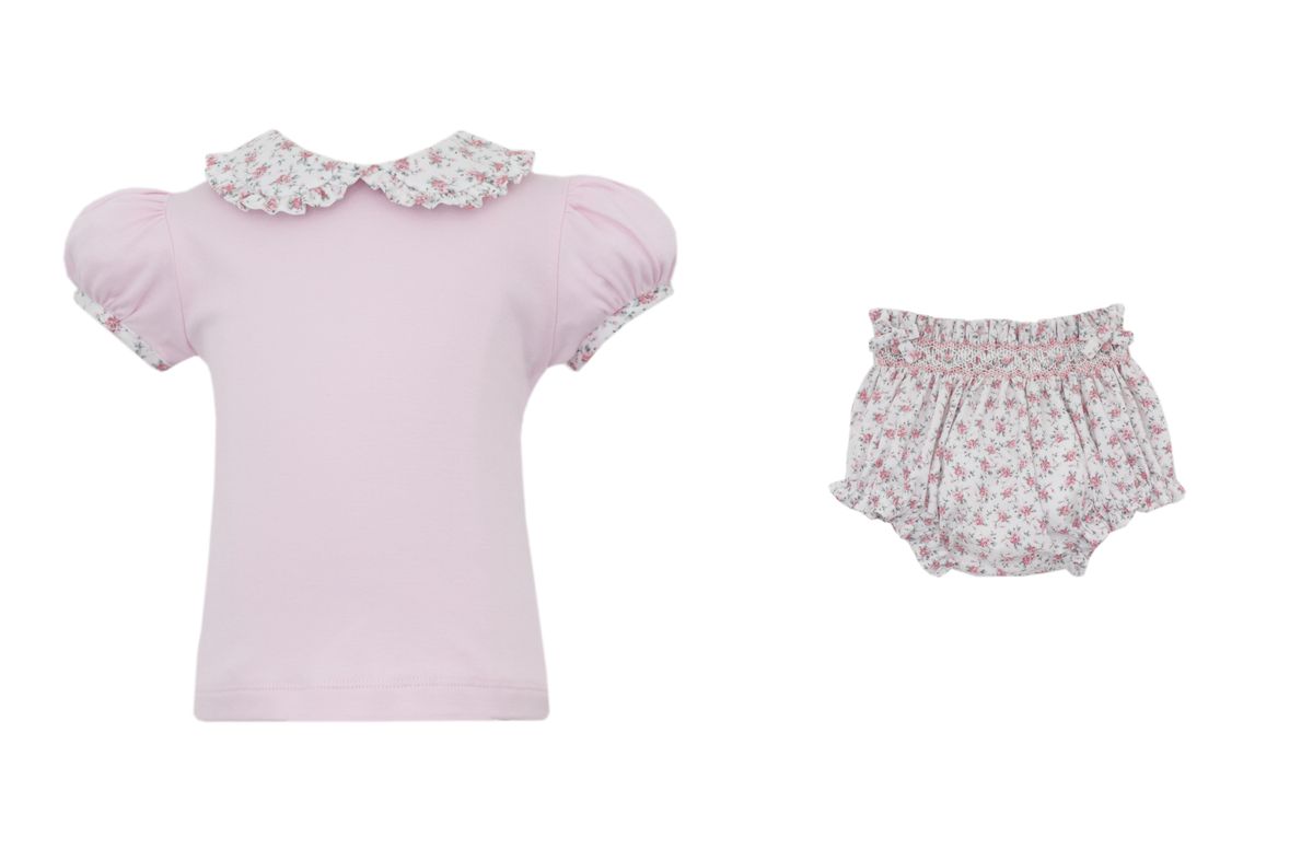 Petit Bebe Jasmine Pink English Garden Floral Bloomer Set with Pink Knit Top