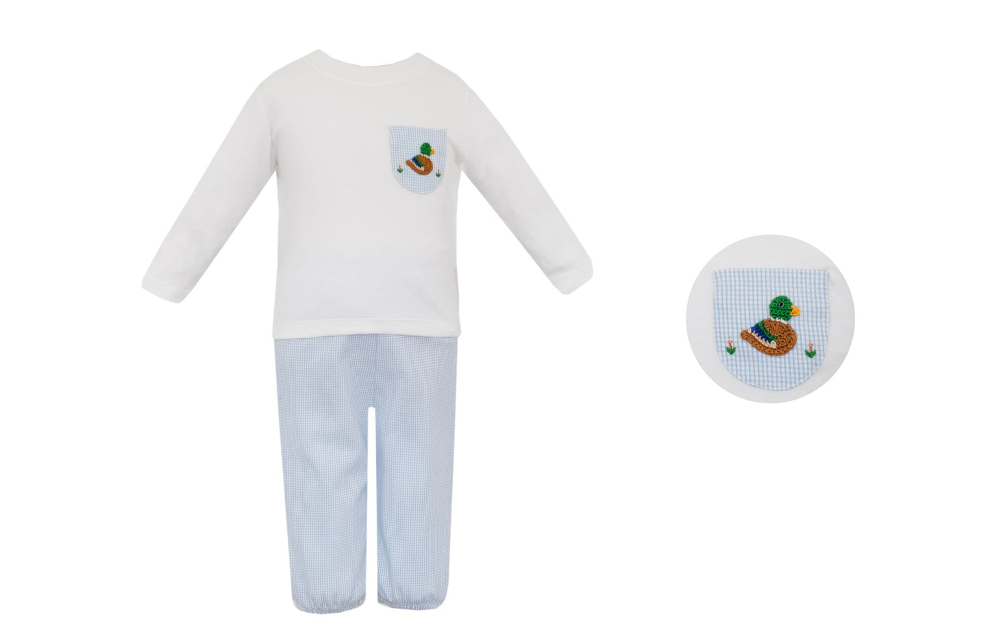 Petit Bebe Mallard Duck Blue Check Boys Knit Pants Set with White Long Sleeve Shirt