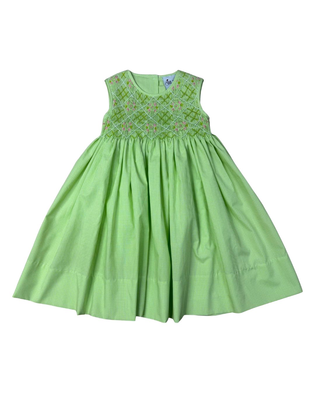 Delaney Girls Apple Green Gingham Fully Smock Bodice Pink Floral Dress