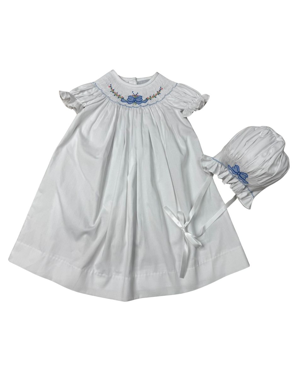 Delaney Girls White Short Sleeve Smocked Blue Bow Daygown