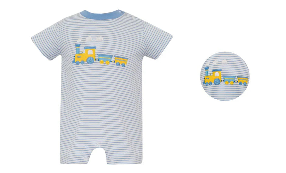 Claire and Charlie Train Small Blue Striped Boy's Romper