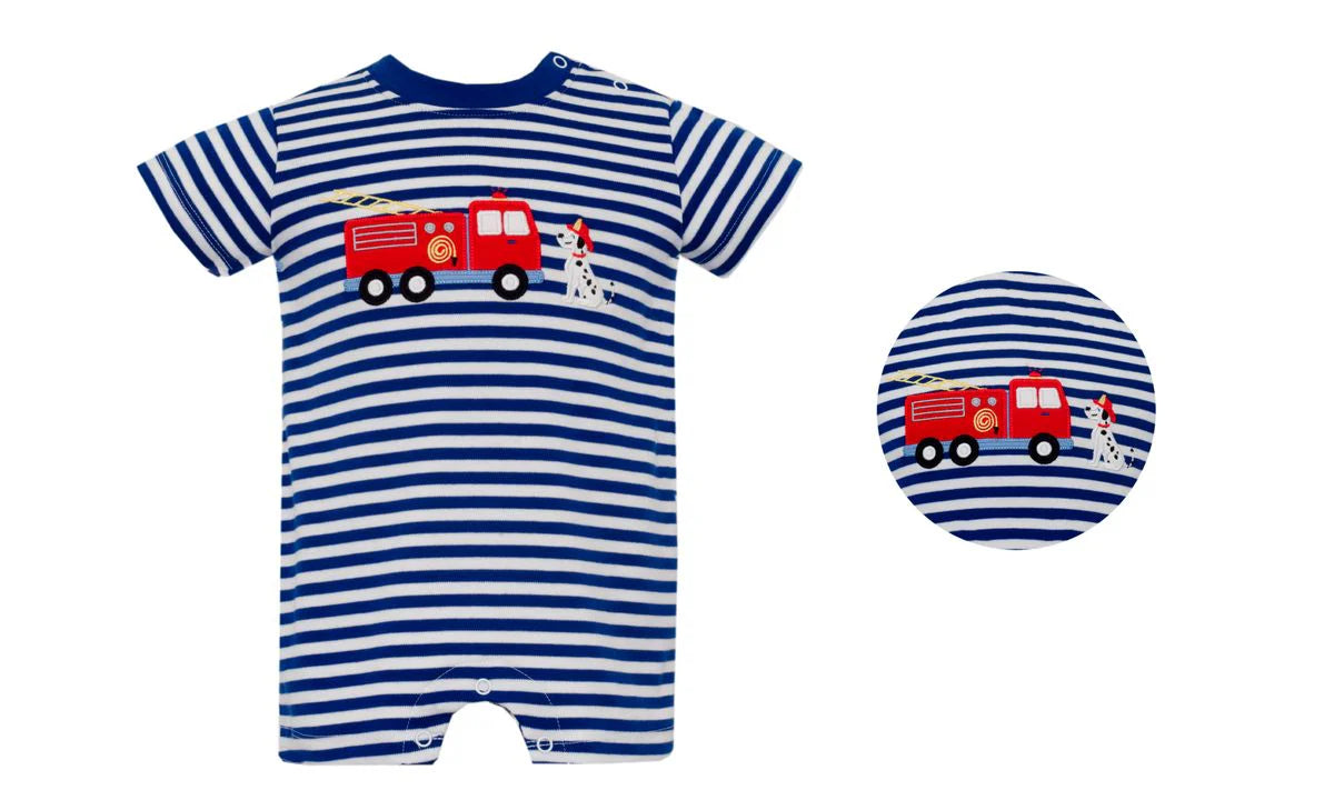 Claire and Charlie Firetruck Royal Blue Striped Knit Boy's Romper