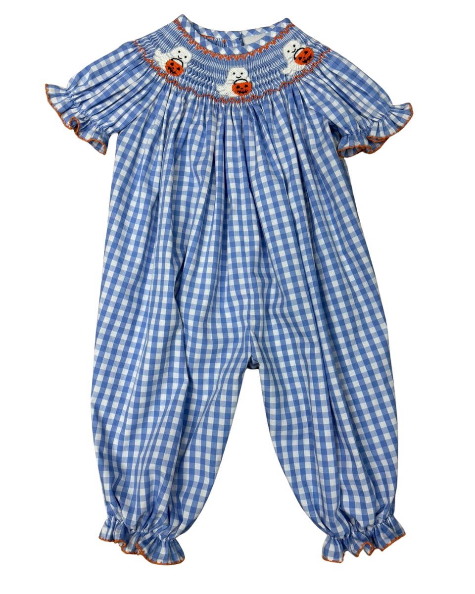 Delaney Girls Blue Gingham Smocked Ghost Pumpkin Bishop Romper