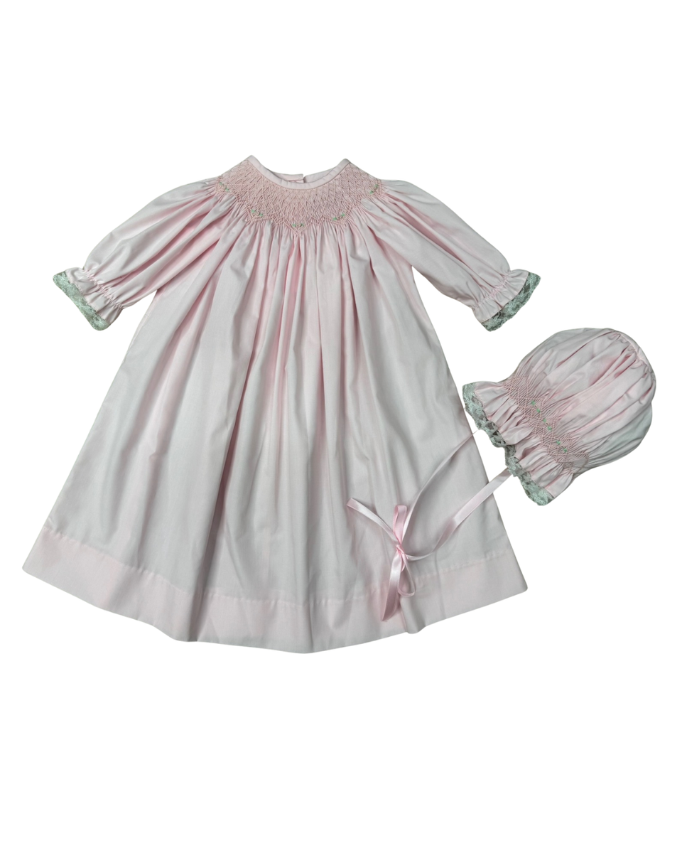 Delaney Girls Long Sleeve Pink Smocked Daygown and Bonnet Lace Edge