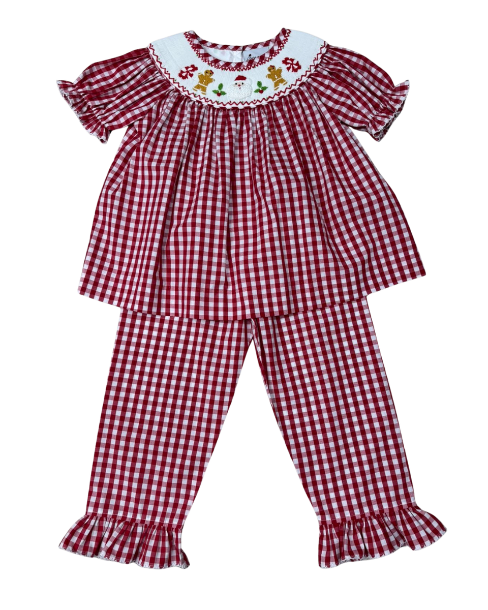 Delaney Red Gingham Smocked Santa and Gingerbread Top and Pants Set