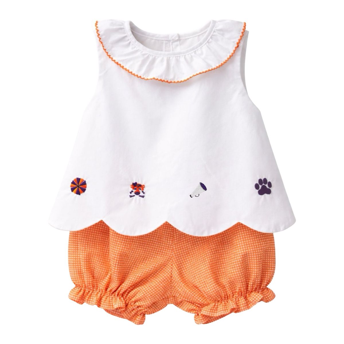 Krewe Kids Elaine Ruffle Collar Scallop Bloomer Set, Orange Clemson Tigers