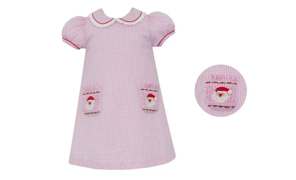 Anavini Santa Face Girl's Pink Gingham Dress with Smocked Pockets