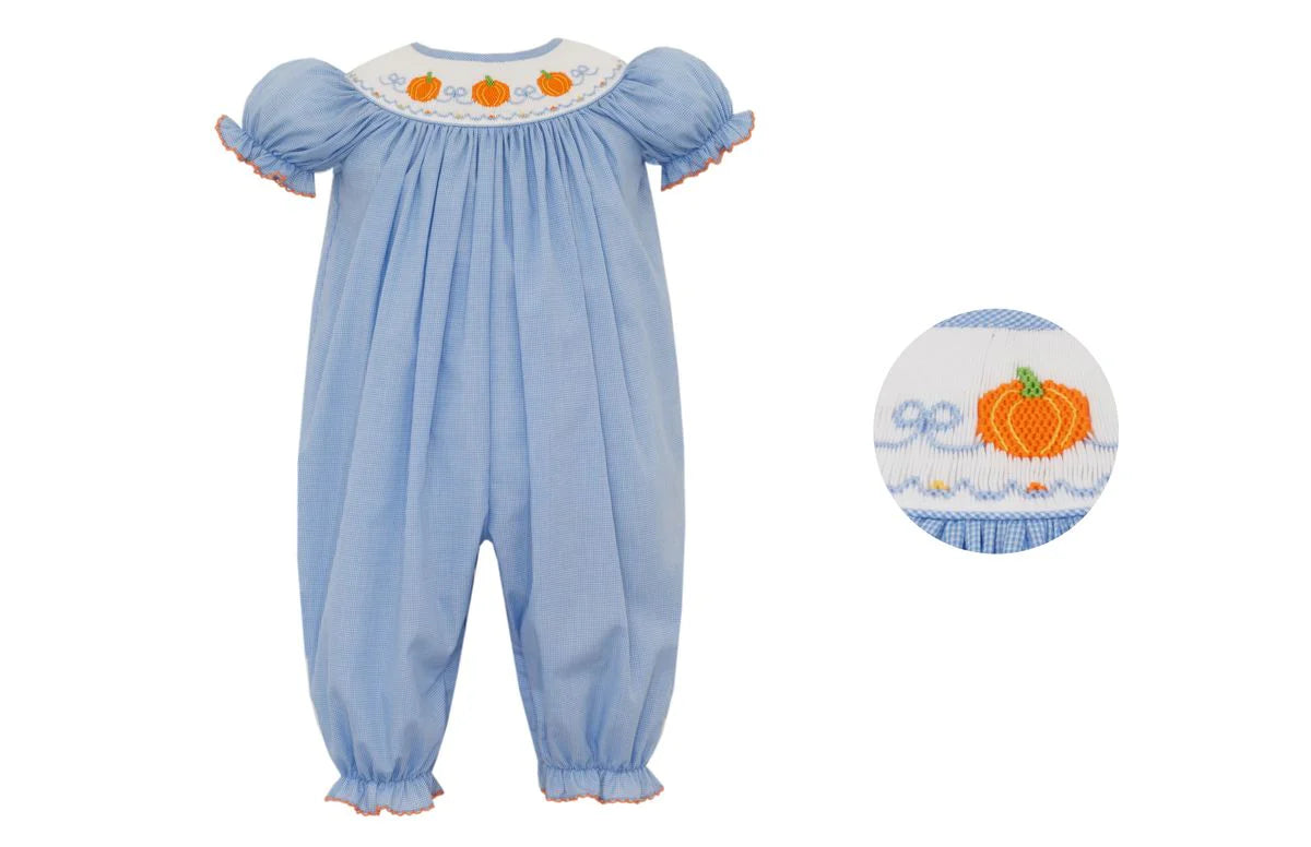 Petit Bebe Blue Microcheck Smocked Pumpkin Romper