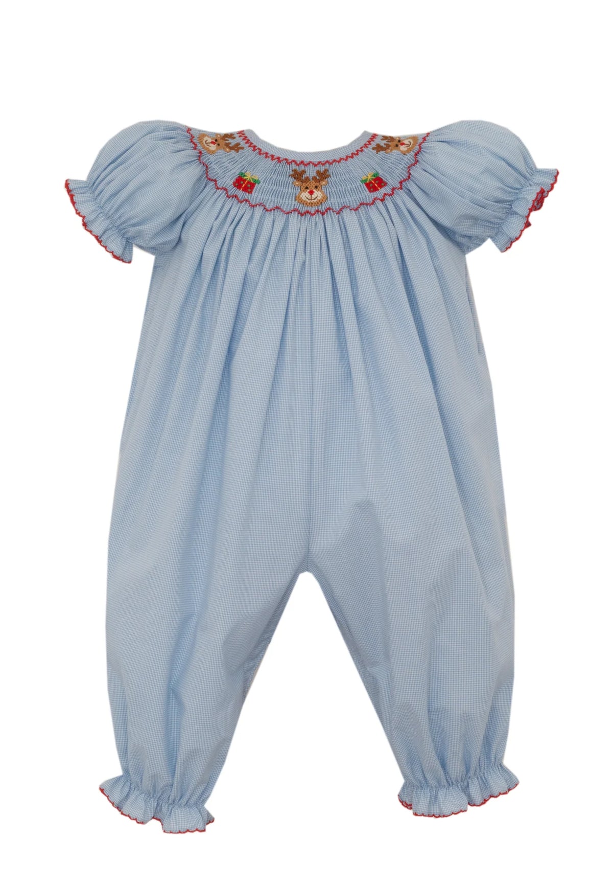 Petit Bebe Reindeer Blue Microcheck Short Sleeve Long Bishop Bubble