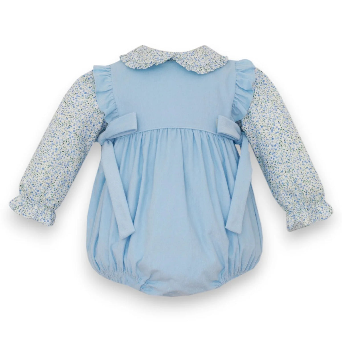 Petit Bebe Light Blue Cord Short Bubble with Floral Blouse