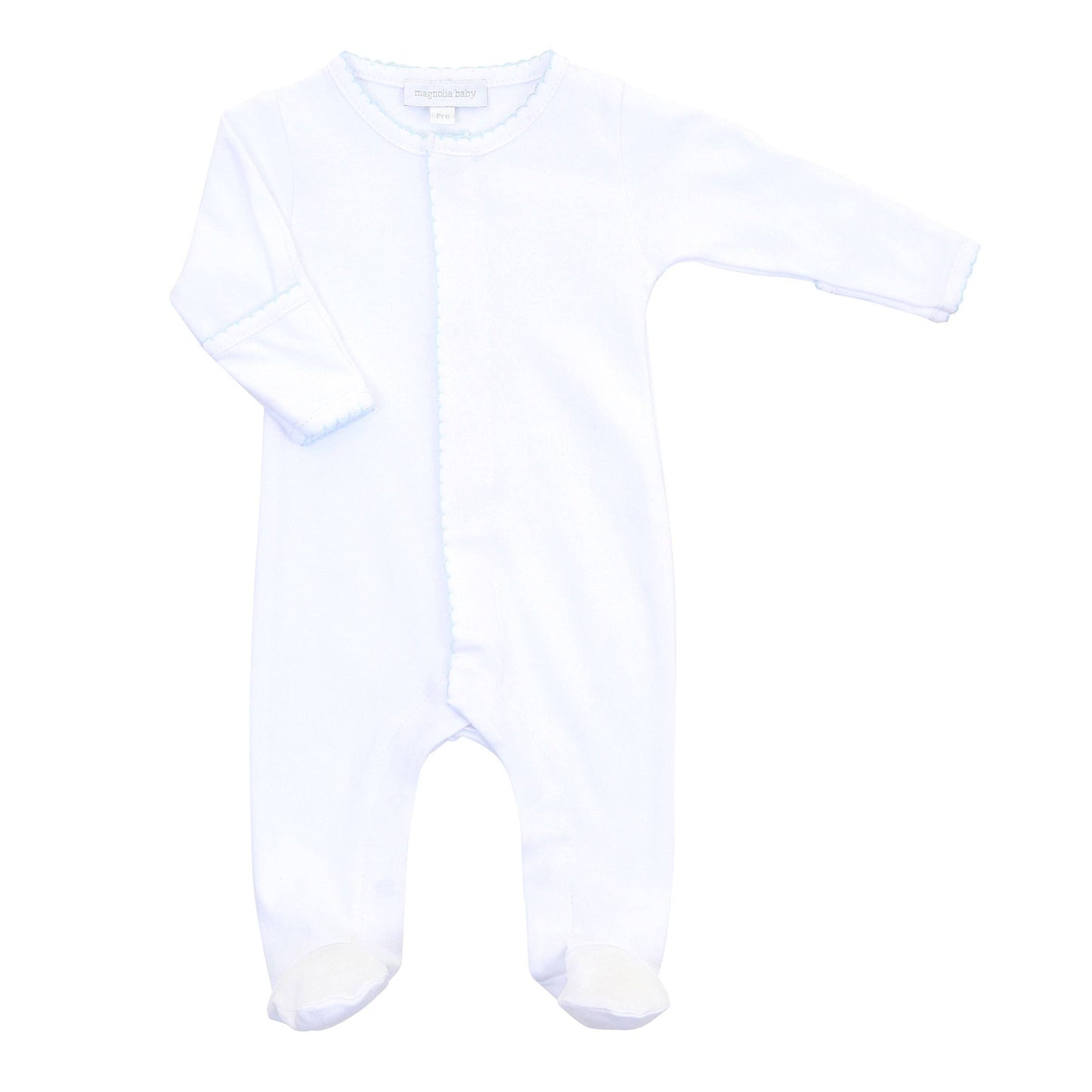 Magnolia Baby Solid Essentials White Footie with Light Blue Trim