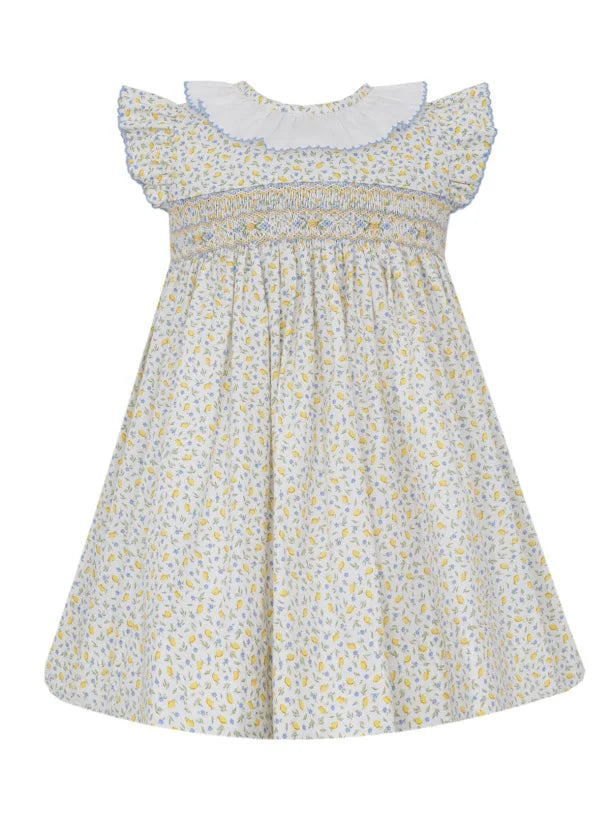 Anavini Eloise Tiny Lemon Printed Dress with Ruffle Sleeves and Collar