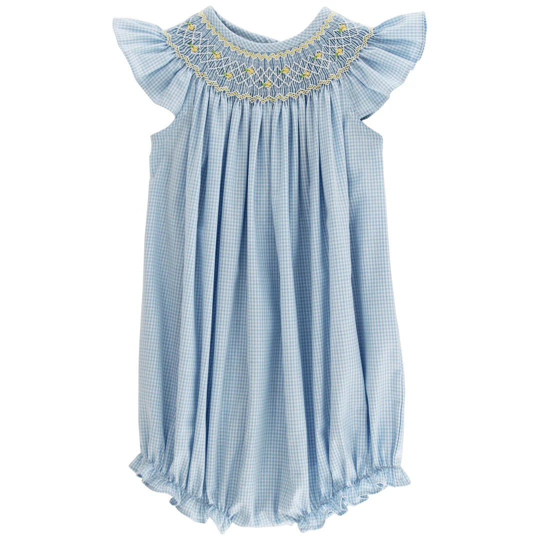 Bailey Boys Sunshine Floral with Blue Check Smocked Bishop Romper