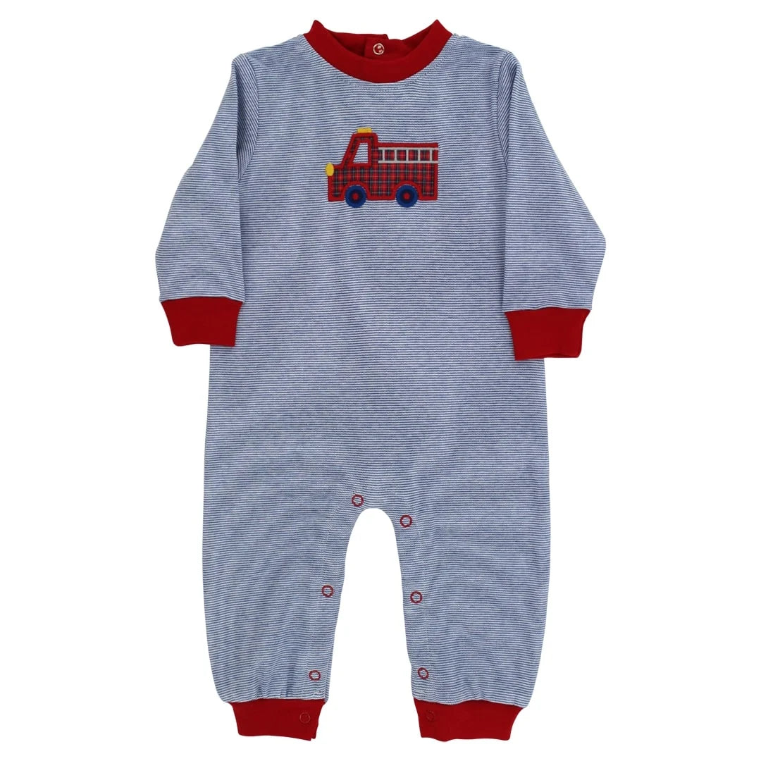 Bailey Boys Litle Plaid Firetruck Knit Romper