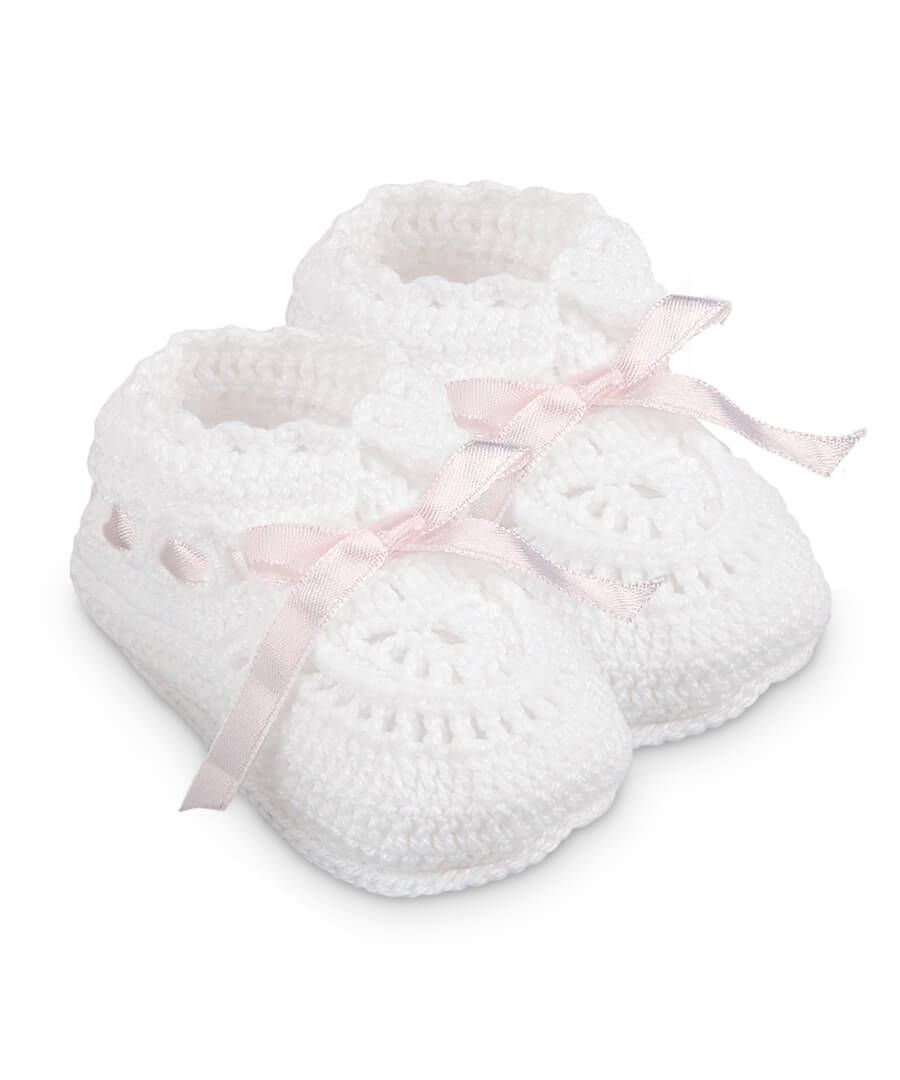 Jefferies Socks Hand Crochet Ribbon Bootie 1 Pair White with Pink Ribbon Style 2681