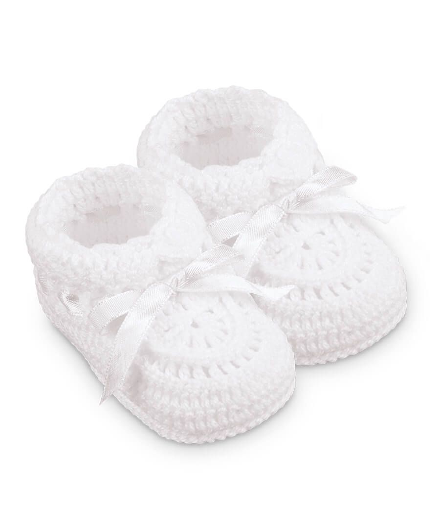 Jefferies Socks Hand Crochet Ribbon Bootie 1 Pair White with White Ribbon Style 2681