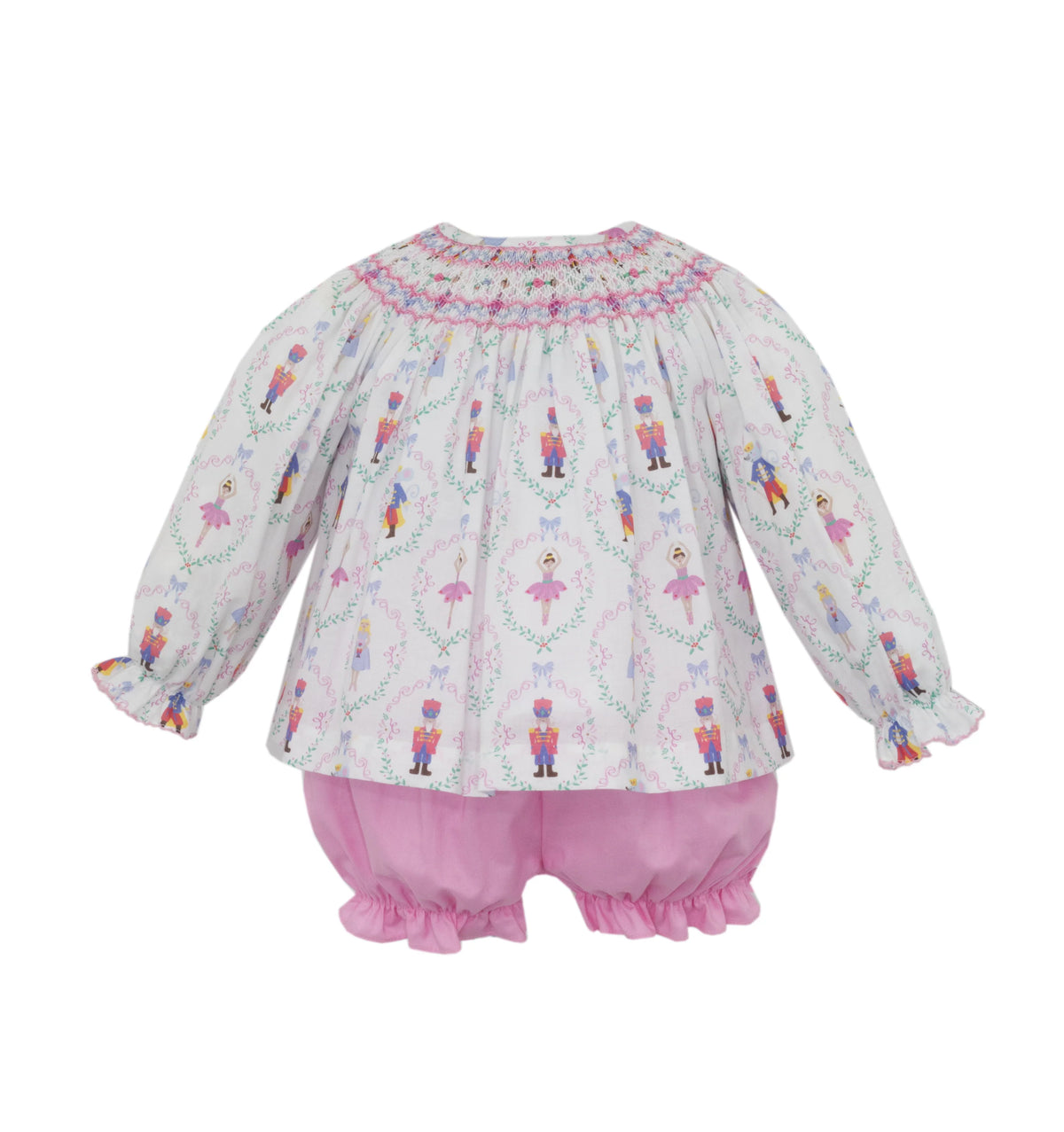 Claire and Charlie Nutcracker Print Long Sleeve Bishop Bloomer Set