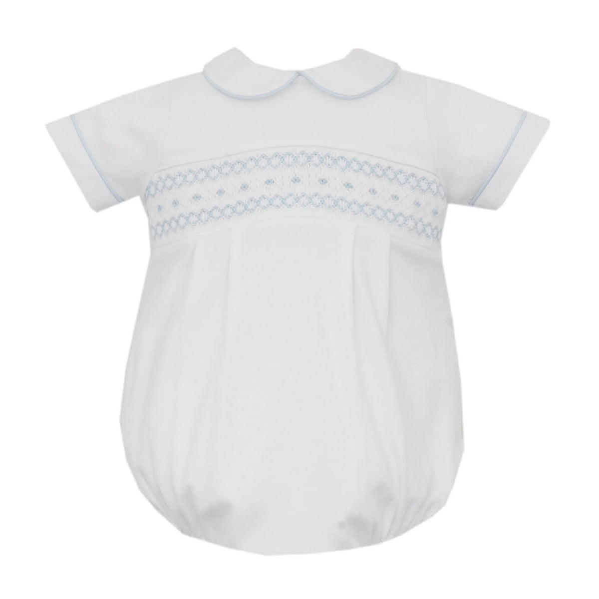 Petit Bebe Noa White Blue Knit Boy's Short Smocked Bubble