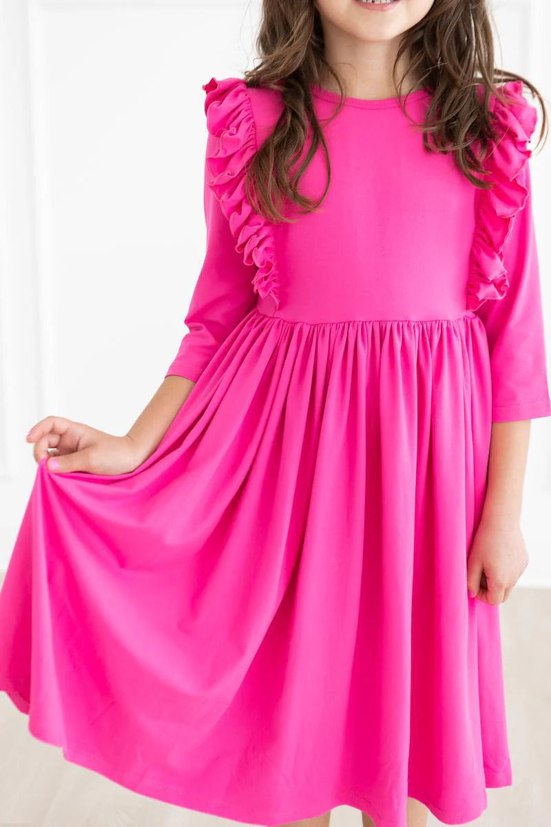 Mila and Rose Hot Pink 3/4 Sleeve Ruffle Twirl Dress