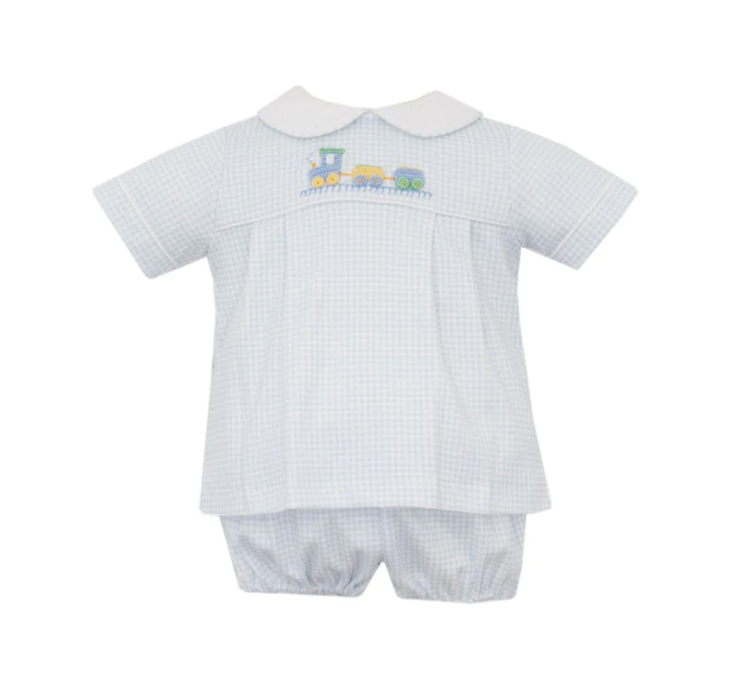 Petit Bebe Light Blue Gingham Knit Boy's Train Diaper Set