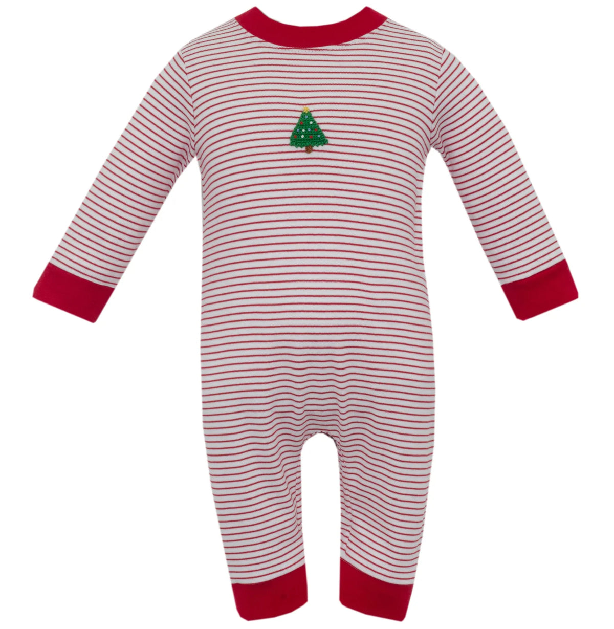 Petit Bebe Christmas Tree Red Striped Knit Long Romper--Boys