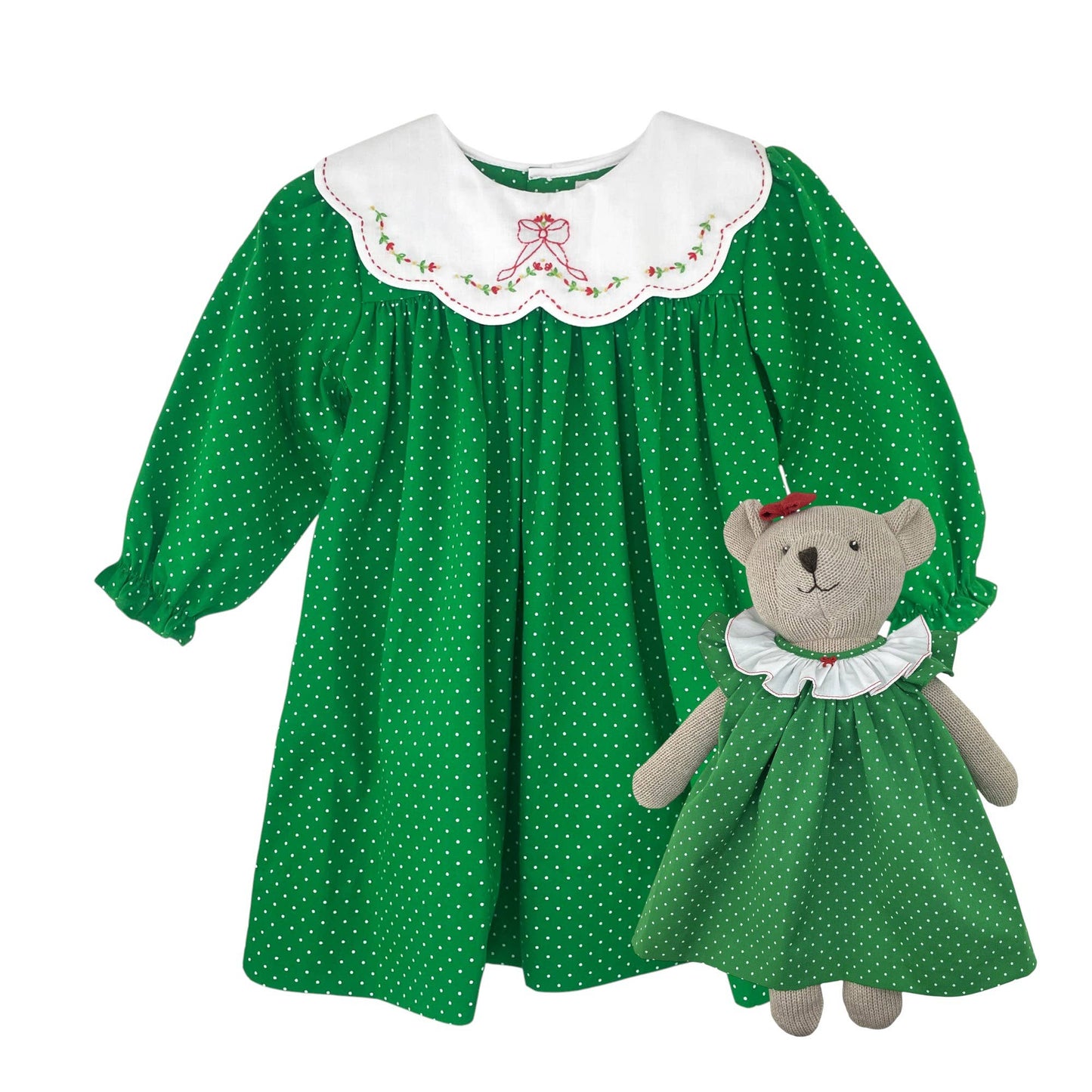 Petit Ami Knit Bear Doll with Green Dot Dress
