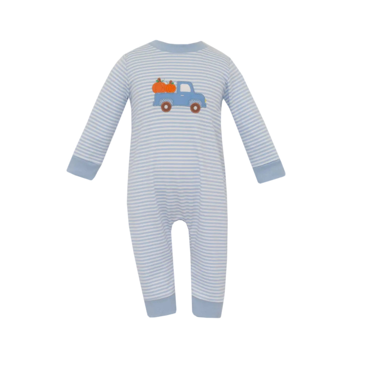 Claire and Charlie Pumpkin Truck Boy's Light Blue Knit Stripe Long Romper