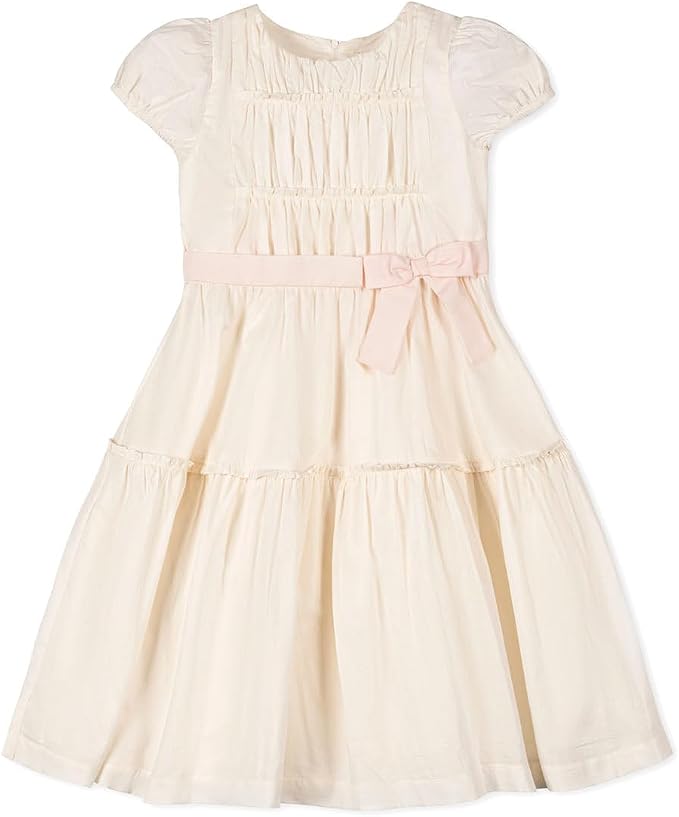 Hope and Henry Puff Sleeve Tiered Party Dress--Natural with Pink