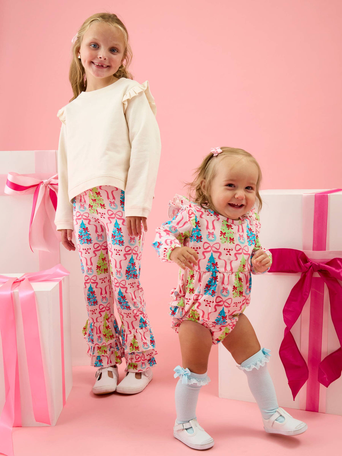 Rufflebutts Christmas Tree Hot Pink Bow Applique Flutter Sweatshirt/Flare Pant Set
