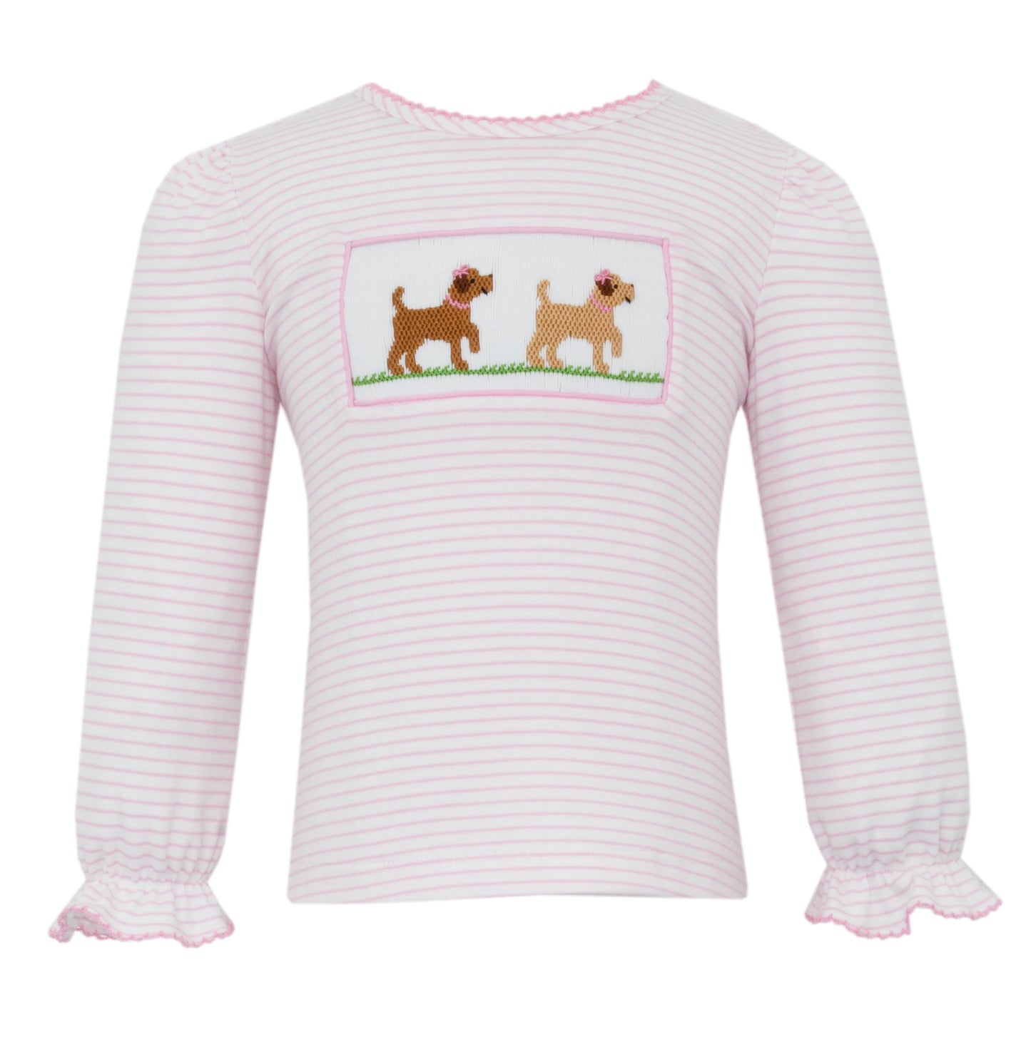 Anavini Labradors Pink knit stripe Smocked girl's T-shirt Long Sleeve