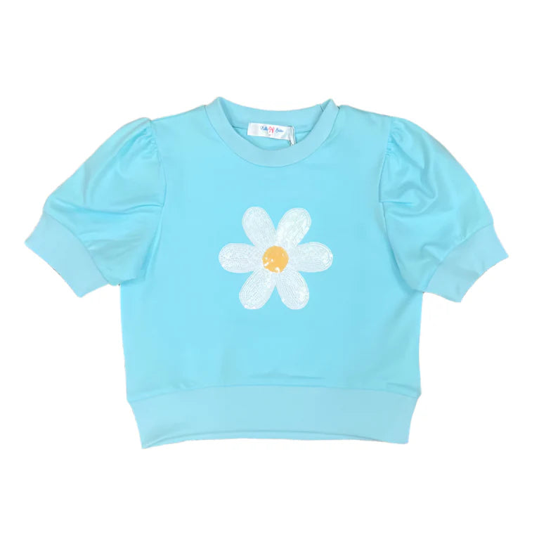 Lulu Bebe Daisy Sequin Puff Sleeve Top Aqua