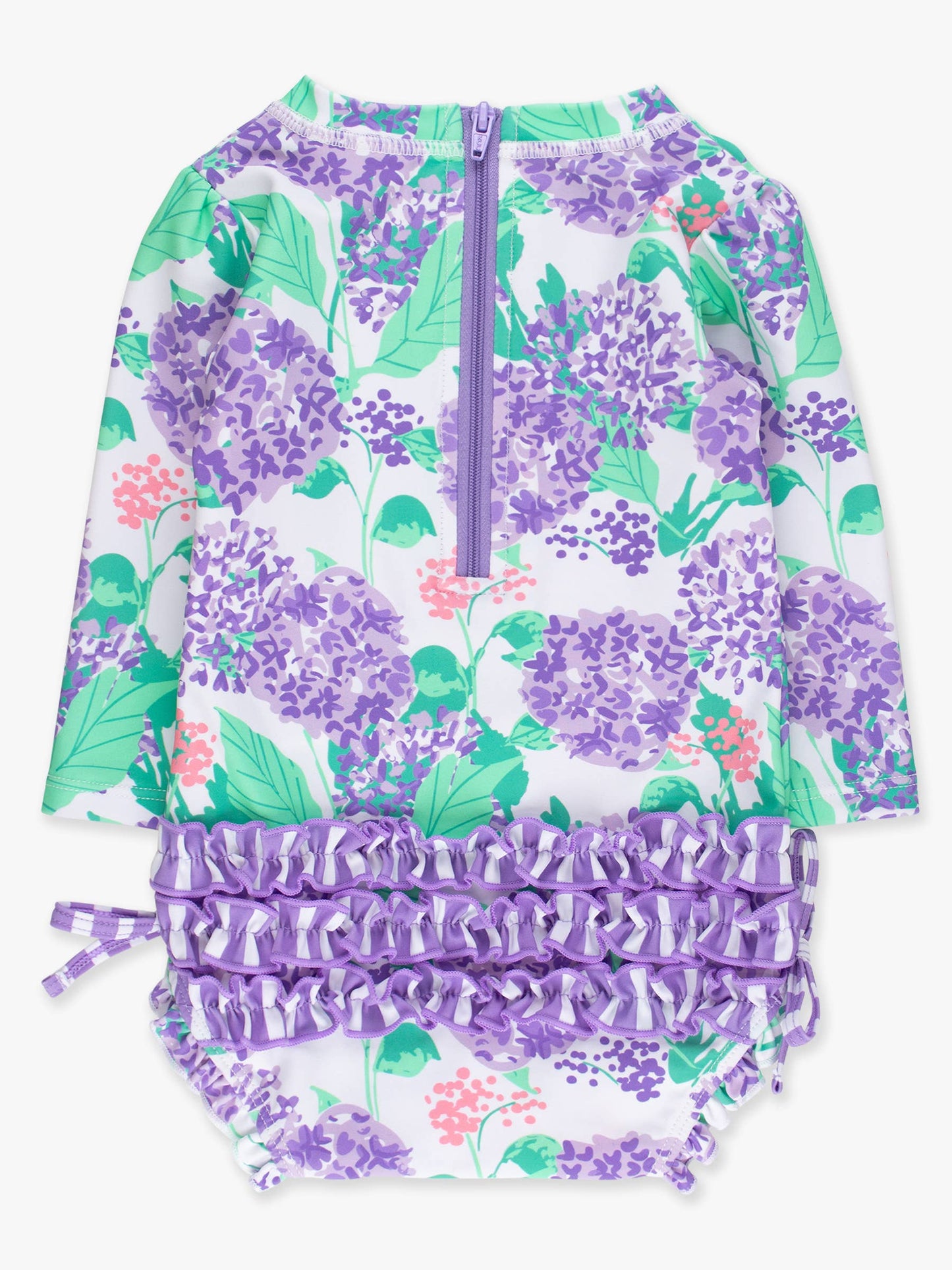 Rufflebutts Baby Girls Purple Hydrangea Garden Long Sleeve One Piece Rash Guard Swimsuit with Signature Rear Ruffles