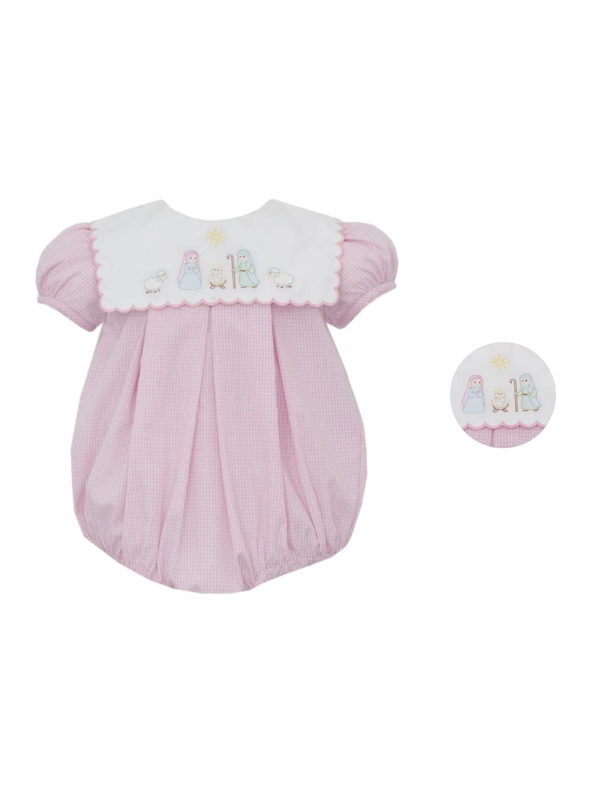 Anavini Pink Gingham Short Bubble with Square Collar--Nativity