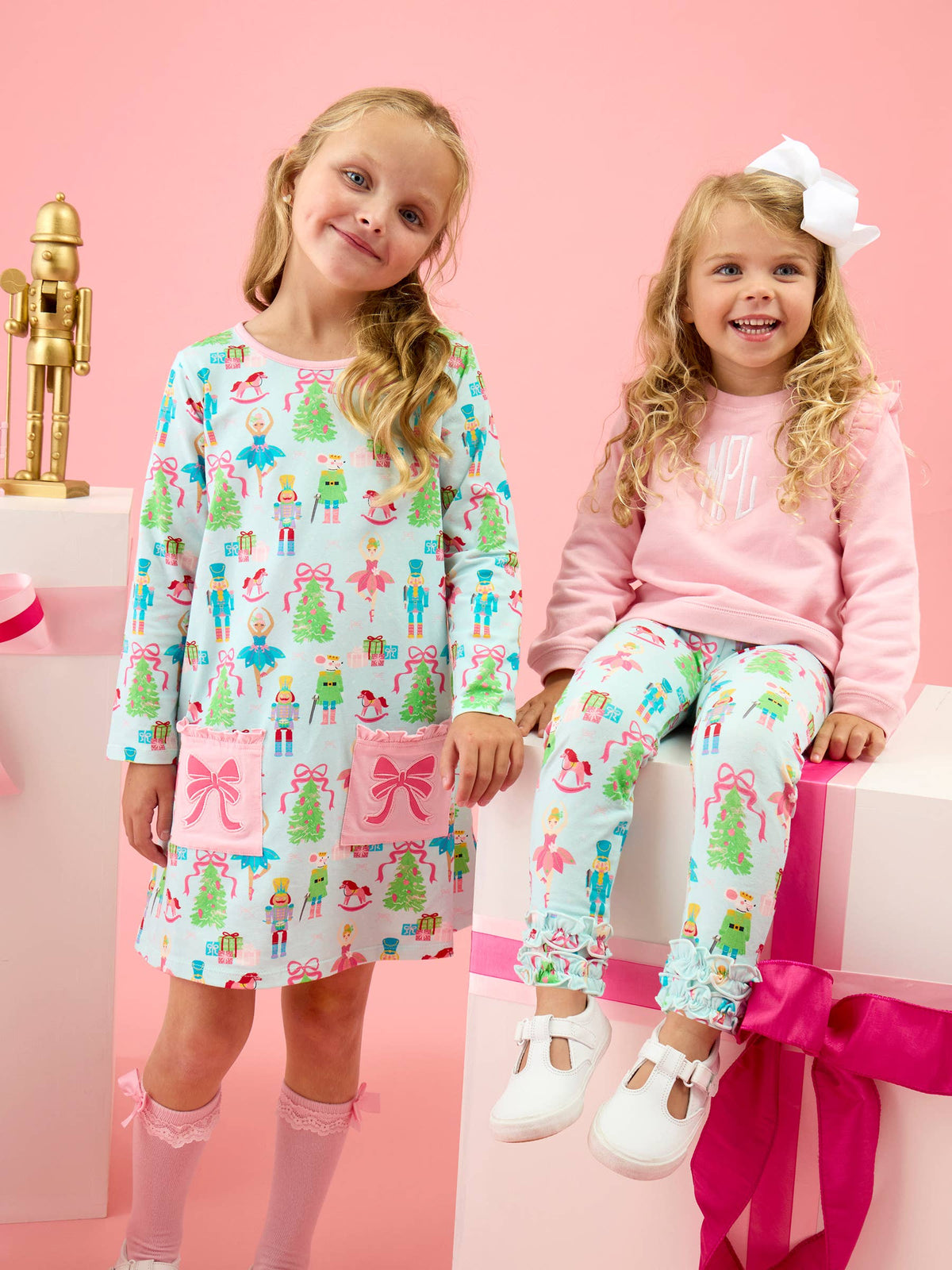 Rufflebutts Nutcracker Christmas Wishes Knit Long Sleeve Applique Pocket Swing Top & Ruffle Bloomer Set