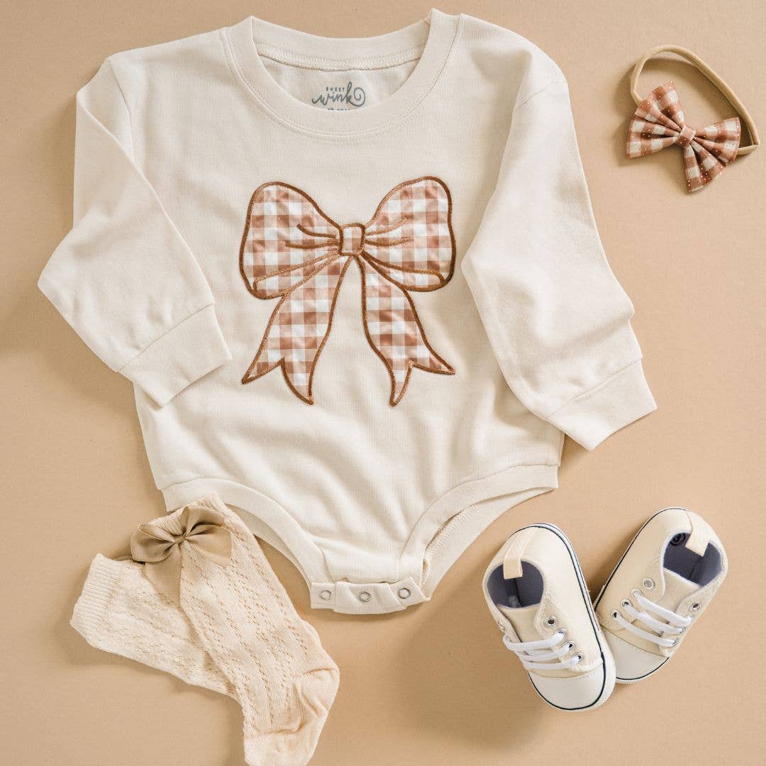 Sweet Wink Gingham Bow Patch Long Sleeve Romper - Baby Clothing - Fall