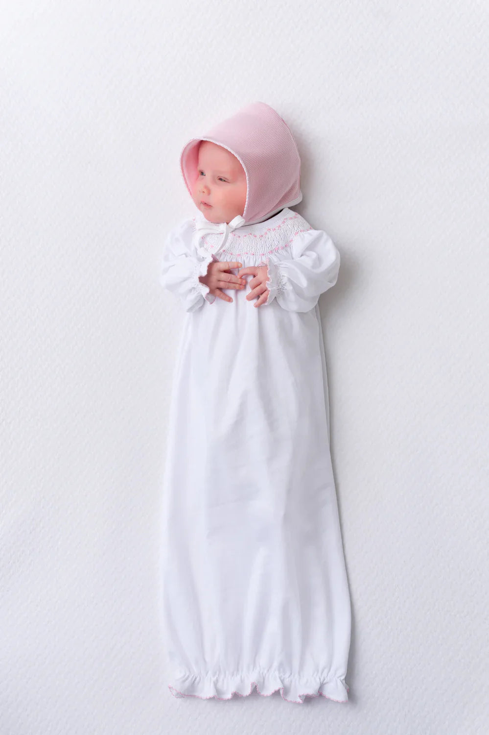 Beaufort Bonnet Sweetly Smocked Greeting Gown Worth Avenue White with Palm Beach Pink