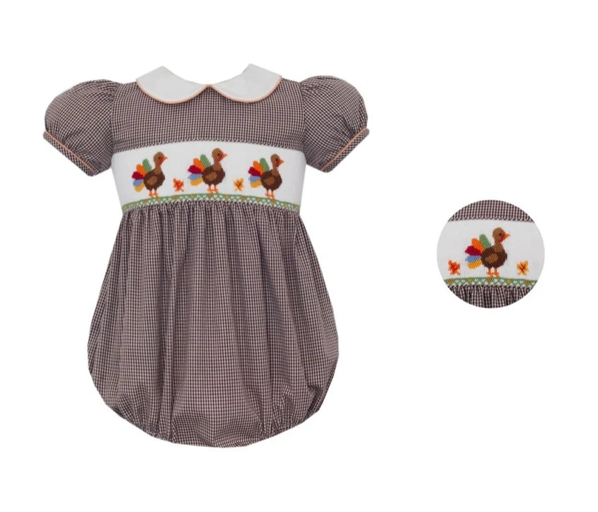 Anavini Brown Gingham Smocked Turkey Girl's Bubble