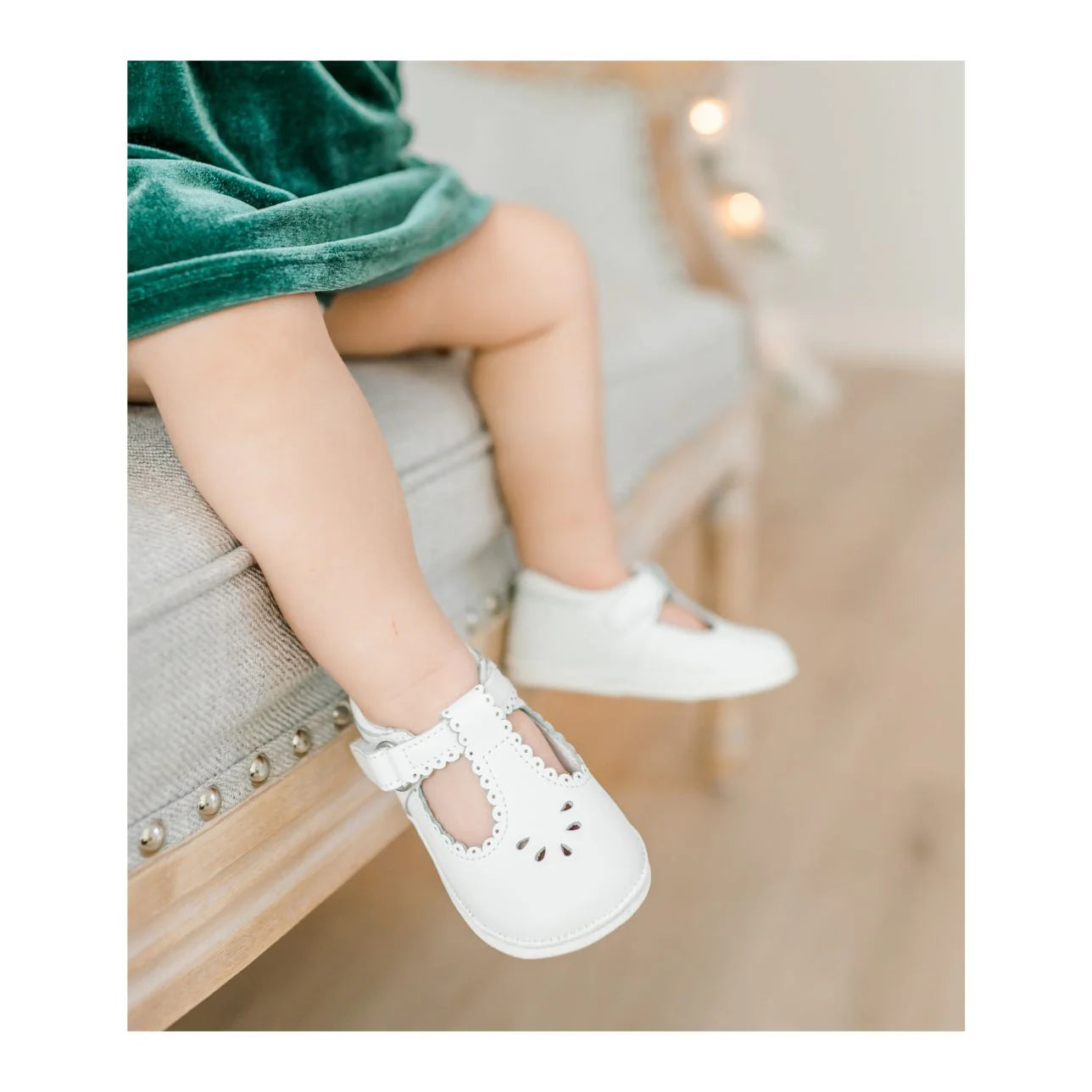 L'Amour Shoes Dottie Scalloped T-Strap Mary Jane--White