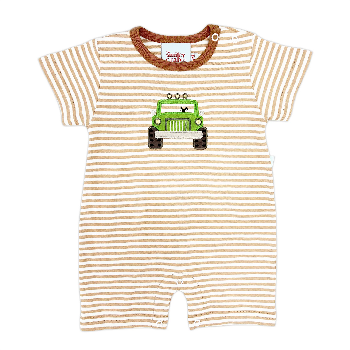 The Smiley Crab Khaki Striped Green Jeep Off Road Romper