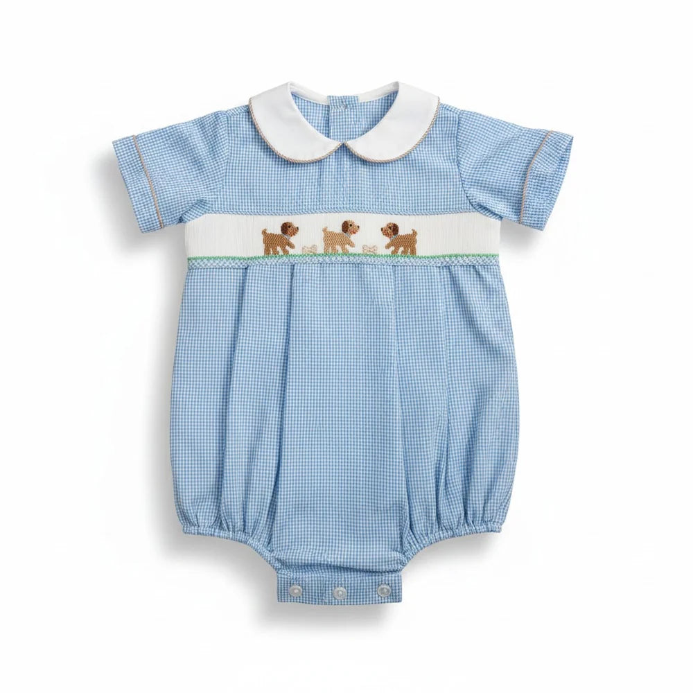 Petit Bebe Puppies Boys Light Blue Check Short Bubble