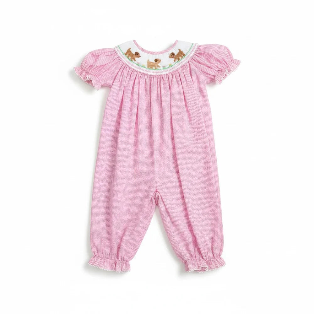 Petit Bebe Puppies Girls Pink Check Bishop Long Bubble