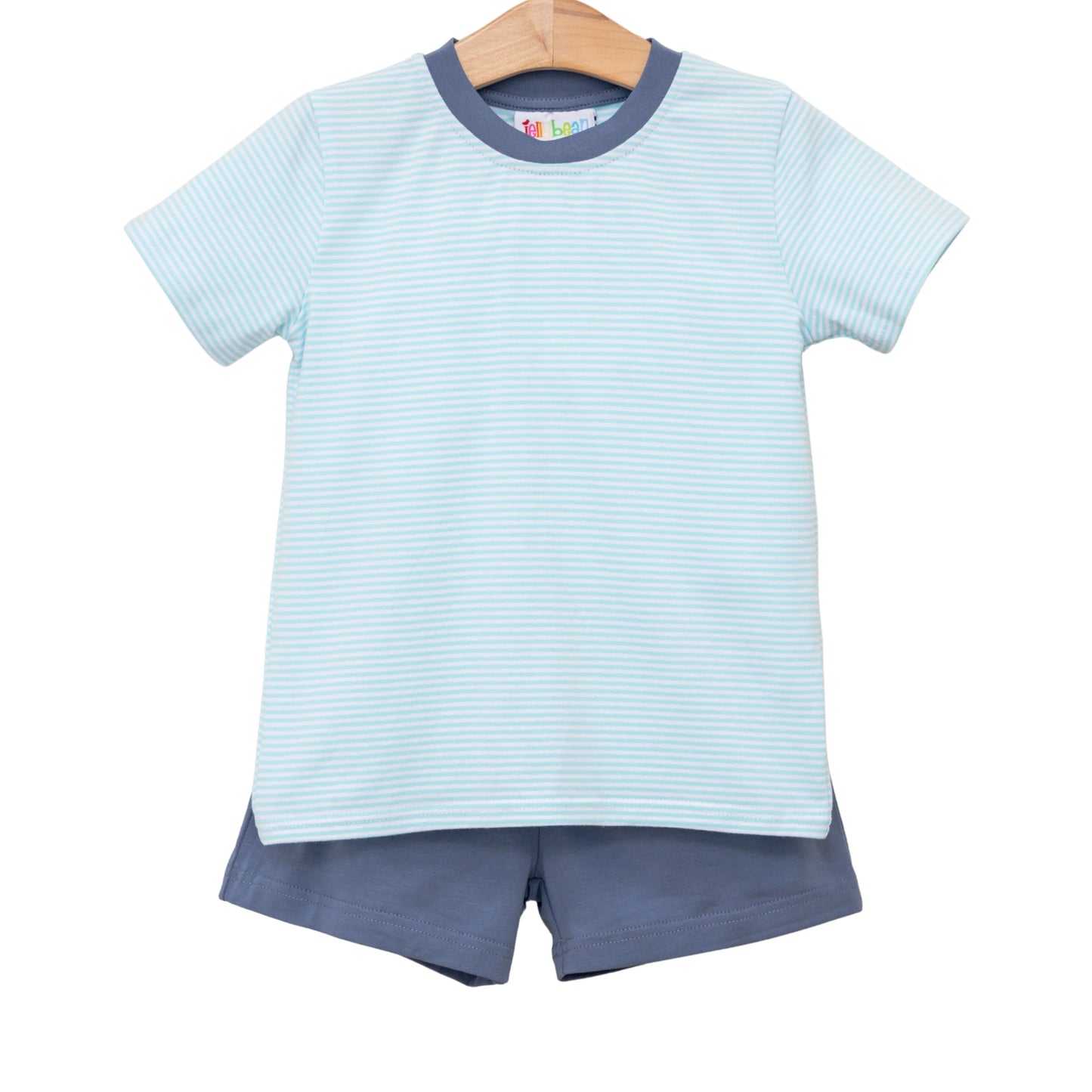 Jellybean by Smocked Candy Graham Short Set- Aqua Stripe and Dusty Blue