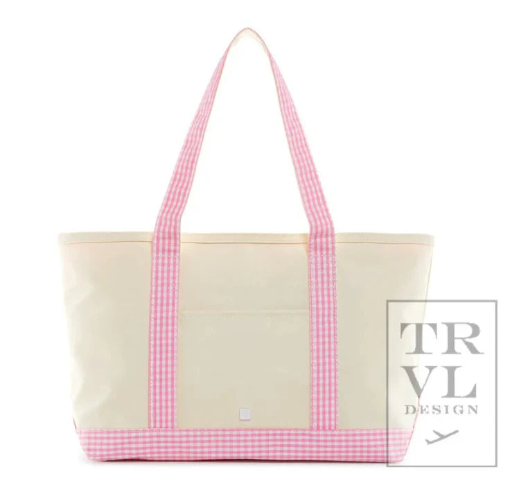 TRVL Medium Tote--Coated Canvas Natural with Gingham Pink Trim