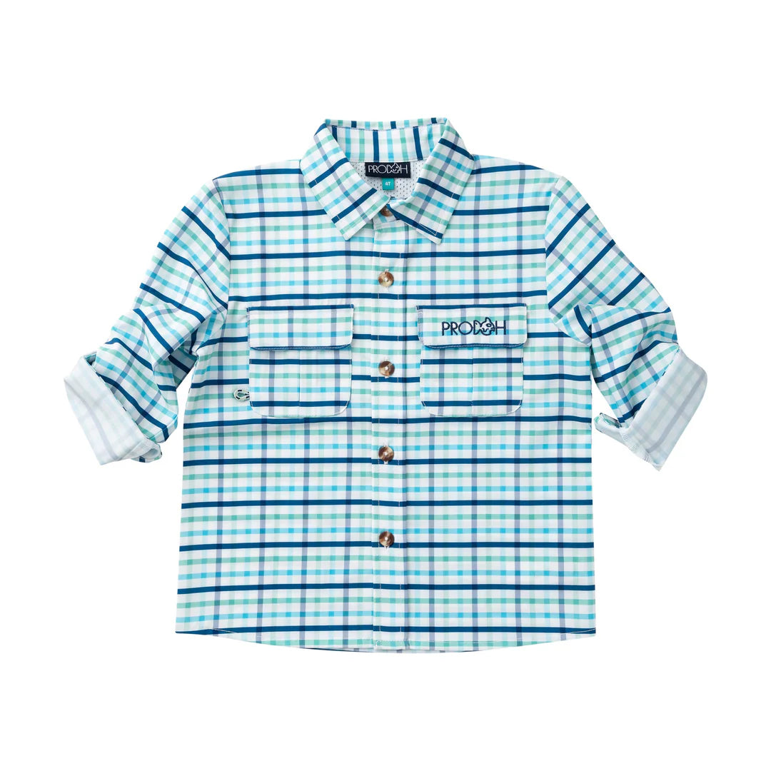 Prodoh Long Sleeve Founders Kids Fishing Shirt--Marine Green Pawleys Plaid