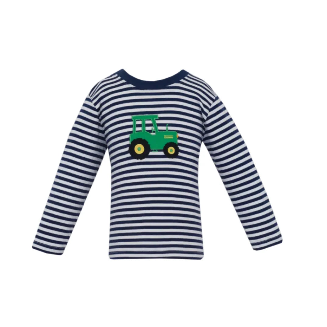 Claire and Charlie Navy Striped Tractor Long Sleeve T-Shirt