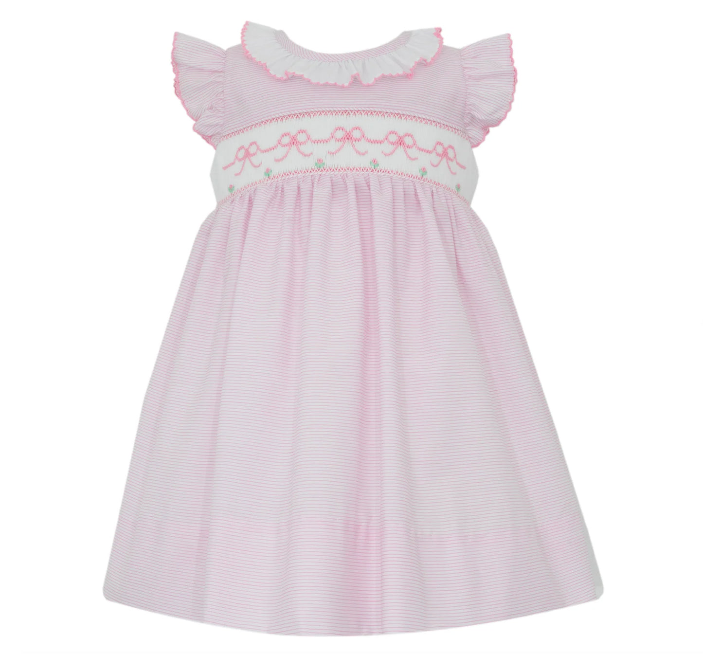 Petit Bebe Pink Tiny Stripe Sleeveless Dress with Ruffle Collar and Pink Smocked Bows