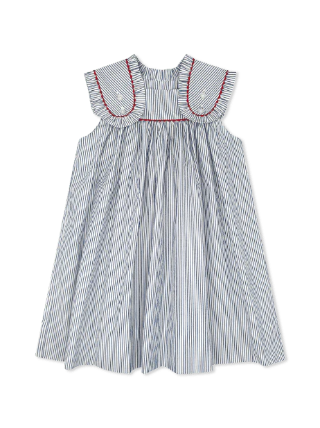Lullaby Set Frances Flap Dress - River Royal Seersucker with Red Ric Rac