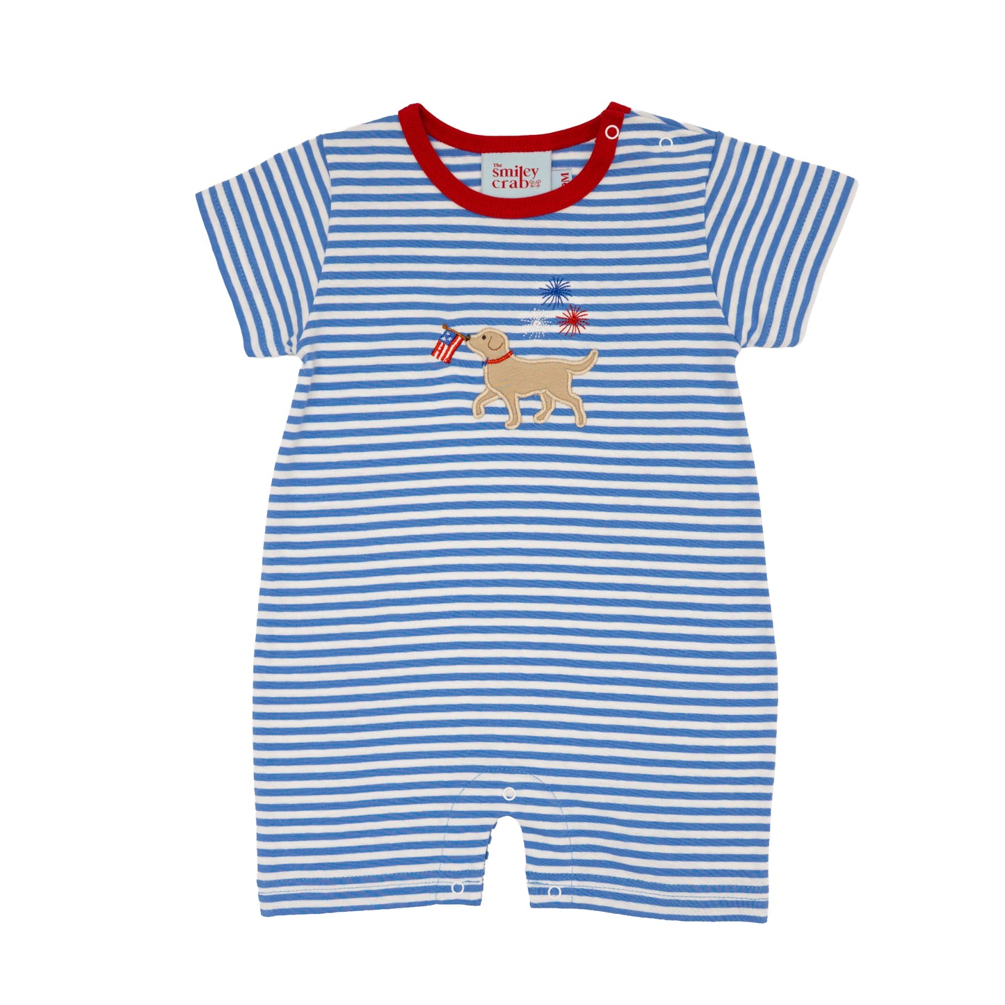 Smiley Crab Blue Stripe Patriotic Puppy Romper