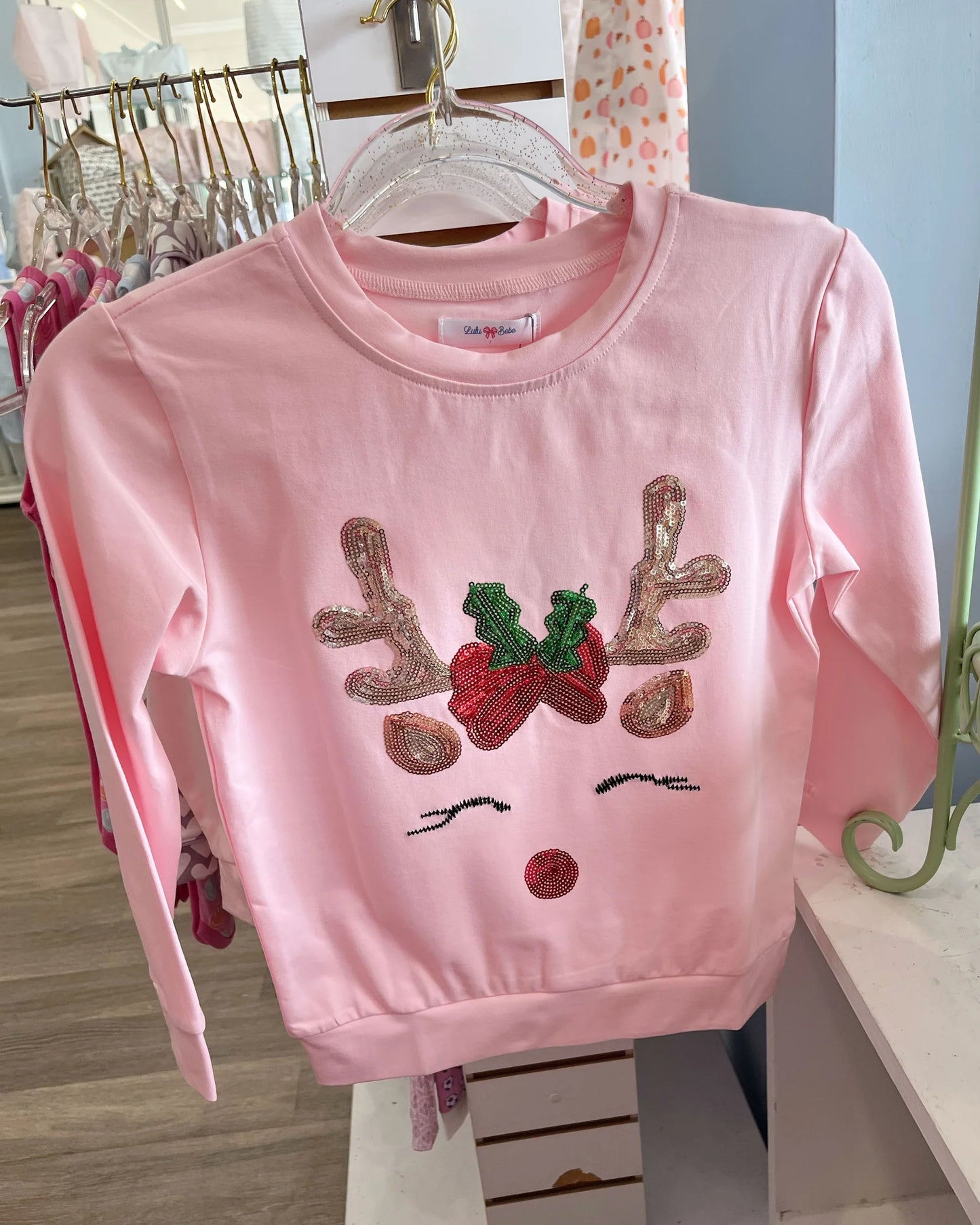 LuLu BeBe Ana Long Sleeve Light Pink Sequin Reindeer Top