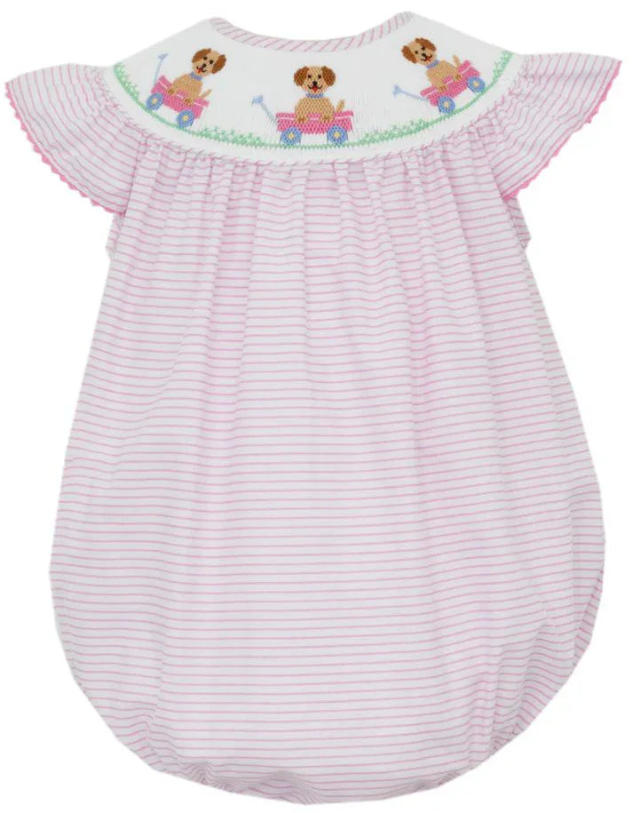 Anavini Pink Stripe Angel Wing Bubble with Puppy Smocking